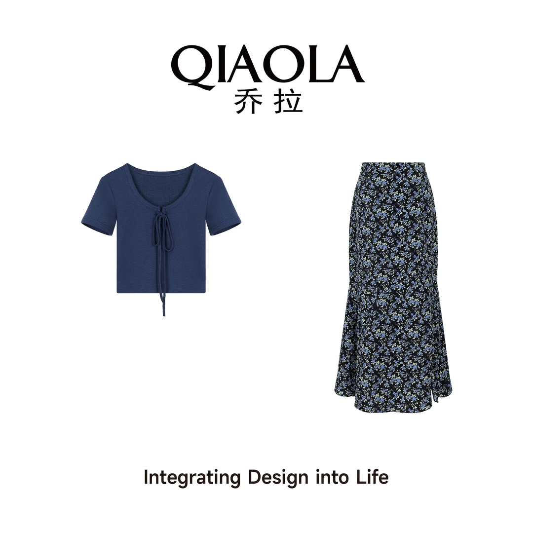 QIAOLA/乔拉【星空花茶】夏季碎花U领鱼尾摆减龄上衣套装预售