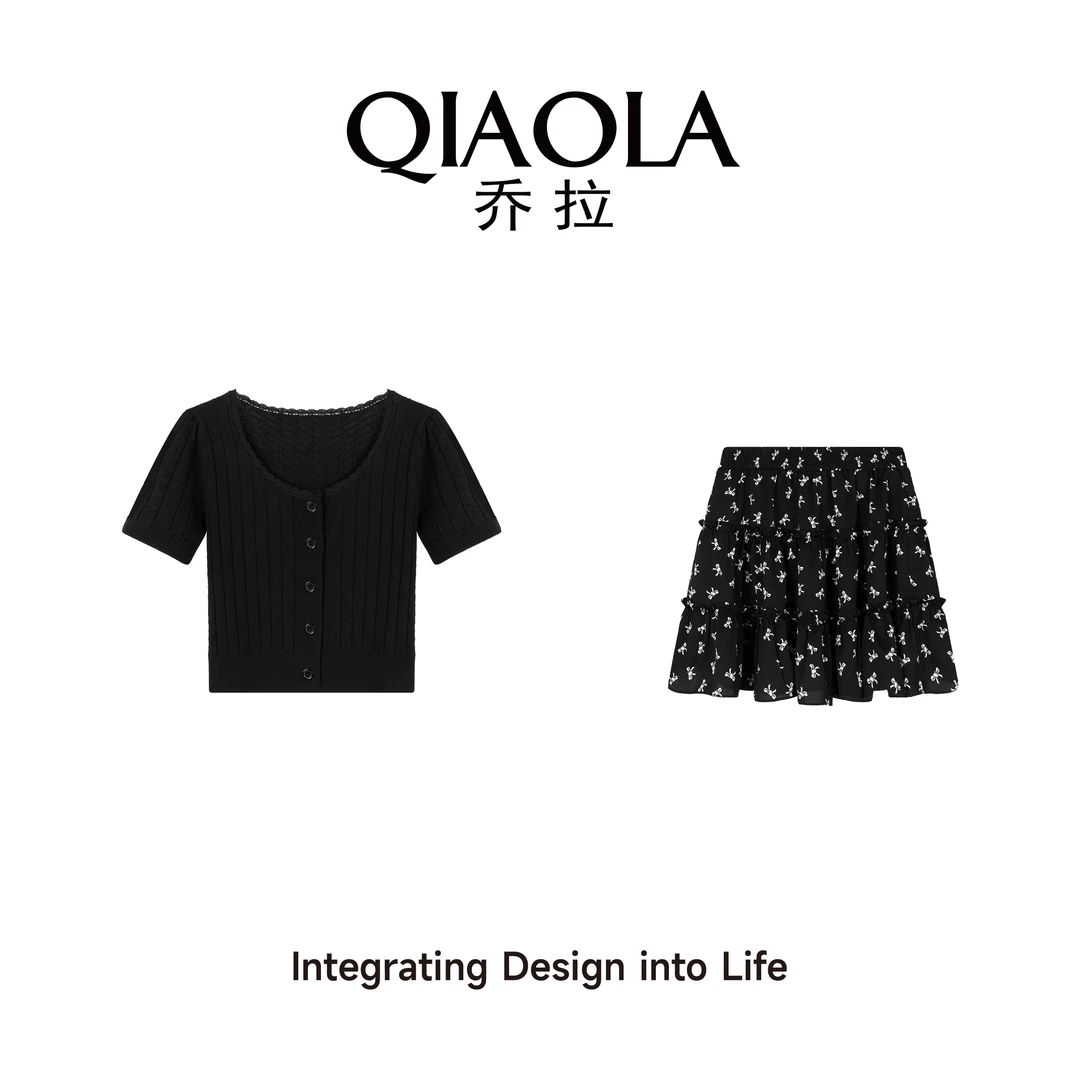 QIAOLA/乔拉【蝴蝶乐章】夏季针织蕾丝U领碎花减龄上衣半裙套装