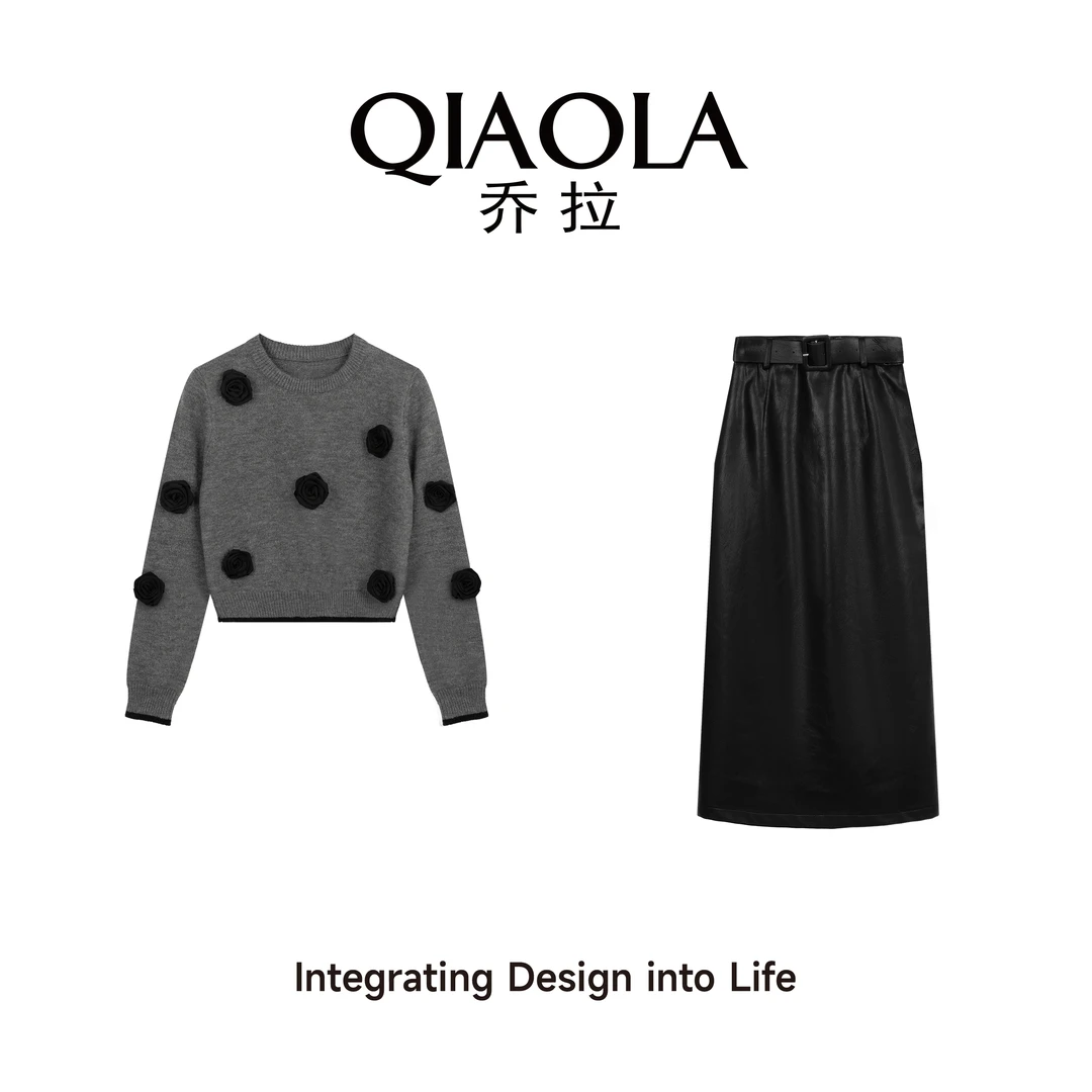 QIAOLA/乔拉【绽放之花】秋冬季北极绒立体玫瑰PU皮时尚套装