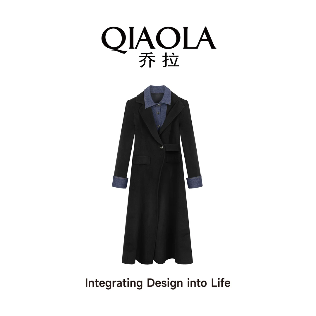 QIAOLA/乔拉【时代新贵】秋冬季毛呢拼接假两件A版翻领连衣裙预售