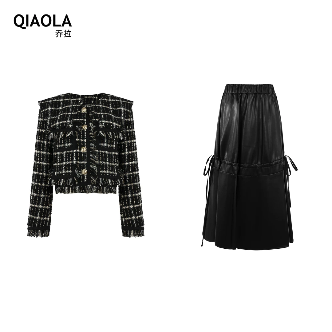 QIAOLA/乔拉【鎏金时代】秋冬款格纹编织小香风大翻领皮裙套装