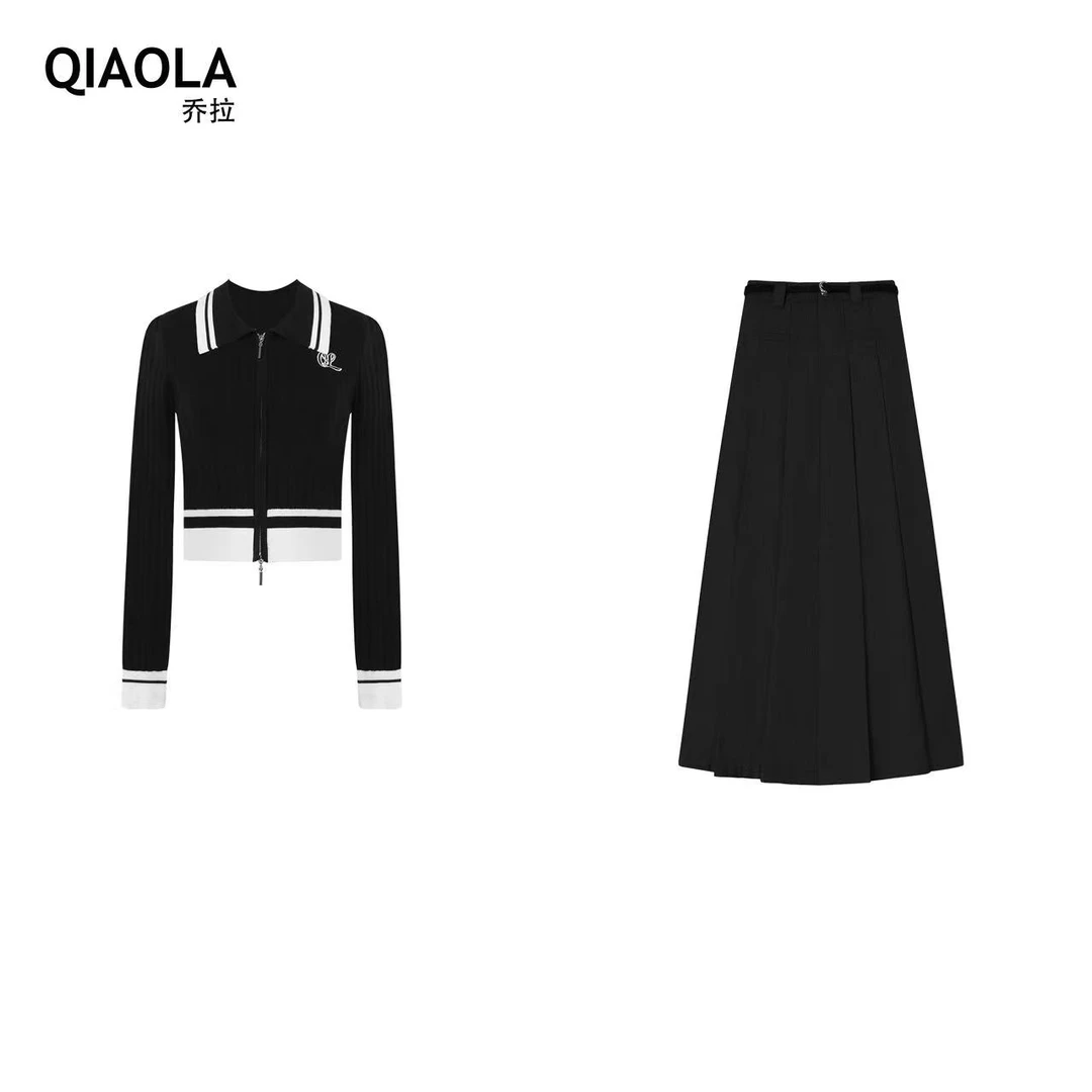 QIAOLA/乔拉【格兰芬多】秋款弹力针织拼色双头拉链时尚套装预售