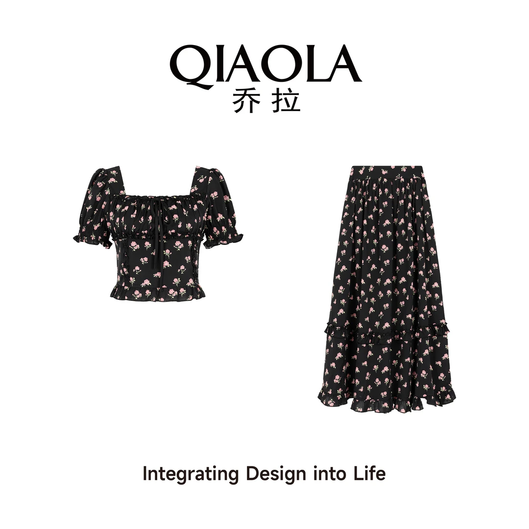 QIAOLA/乔拉【玫瑰乌龙】夏季印花方领木耳边轻奢减龄上衣裙子
