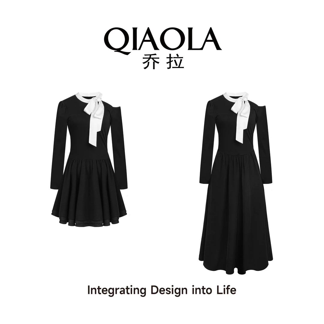 QIAOLA/乔拉【月影霓裳】秋季针织绑带圆领单边袖设计款连衣裙