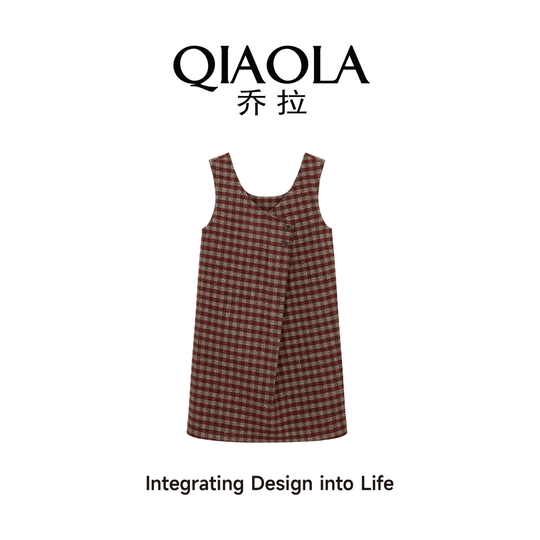 QIAOLA/乔拉【柔雅格语】秋冬季毛呢格纹U领减龄百搭背带连衣裙预售