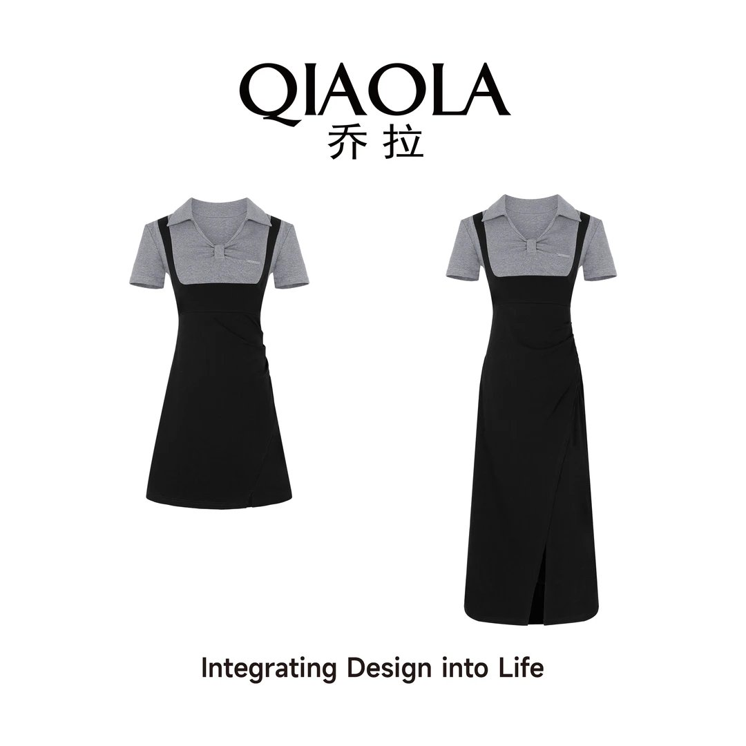 QIAOLA/乔拉【校花日记】夏季针织翻领假两件拼接休闲A版时尚预售