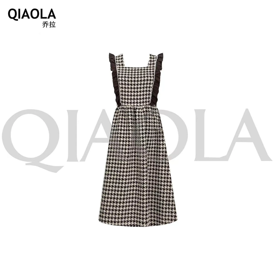QIAOLA/乔拉【北平初雪】秋冬款千鸟格木耳边轻奢显瘦连衣裙