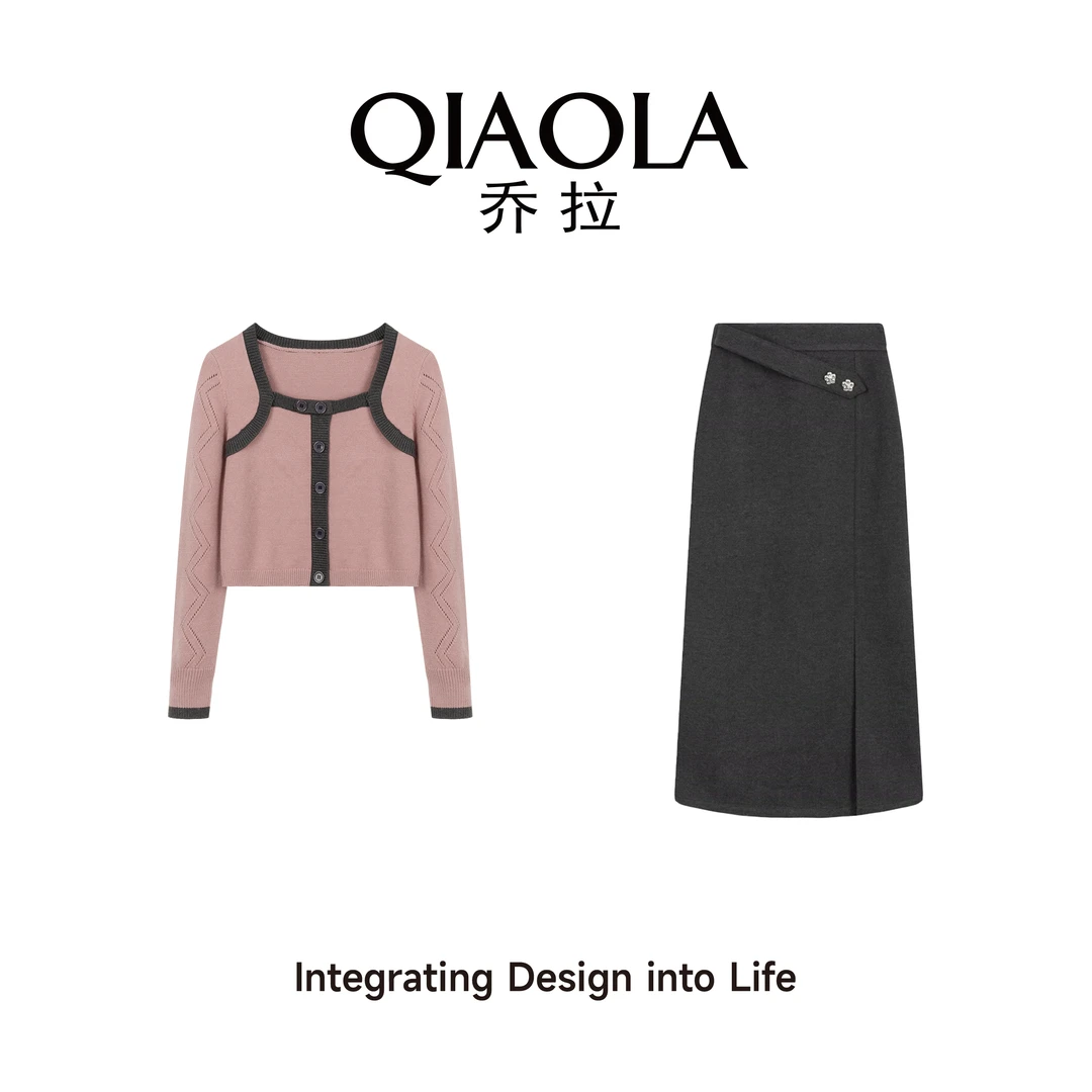 QIAOLA/乔拉【浪漫宣言】秋冬毛织方领假两件撞色直筒时尚套装预售