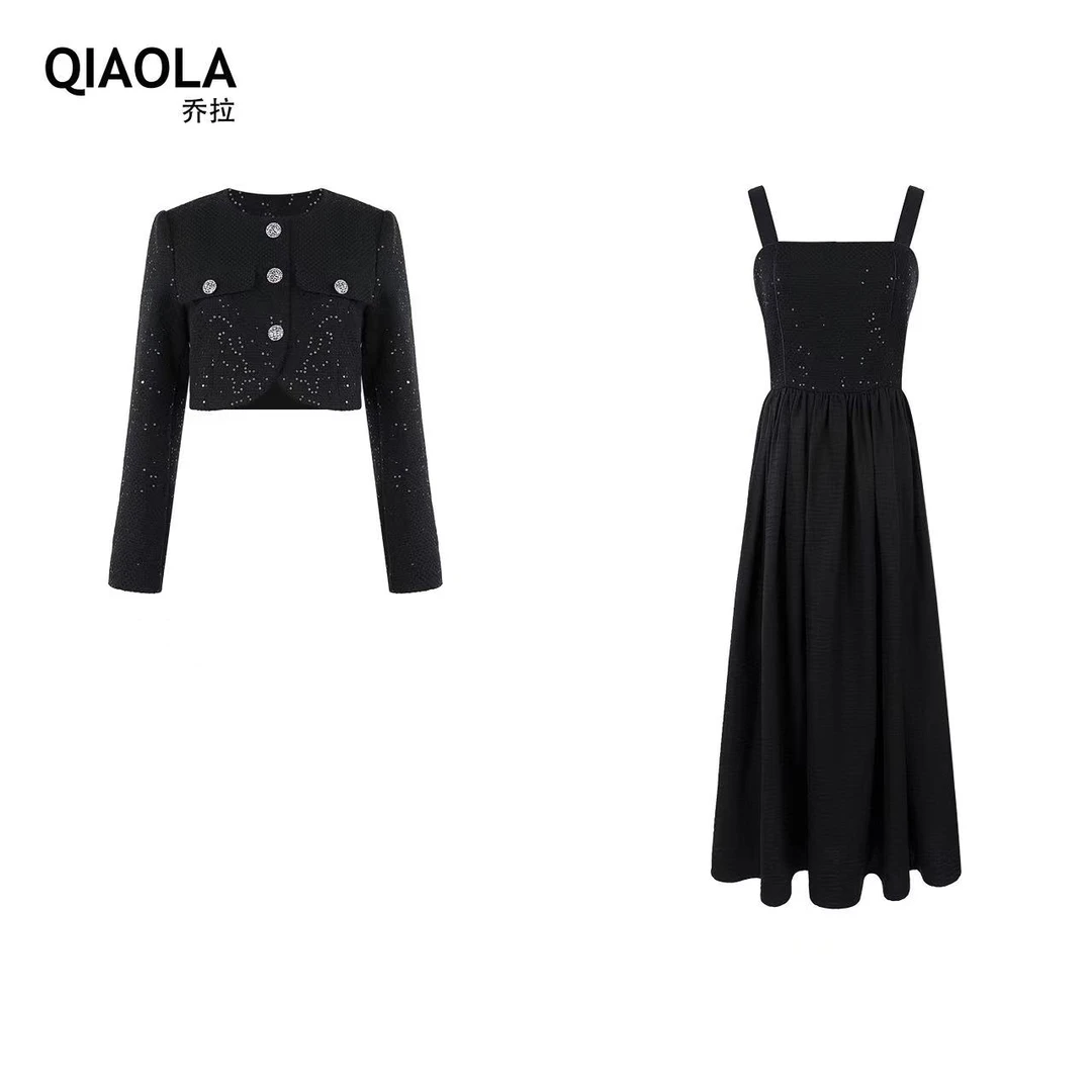 QIAOLA/乔拉【万千星辉】秋冬款亮片小香风单排扣压褶轻奢套装