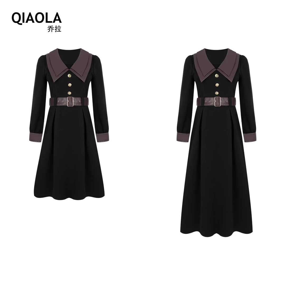 QIAOLA/乔拉【胡桃记录】秋冬细格纹毛呢拼接皮革双层领连衣裙预售