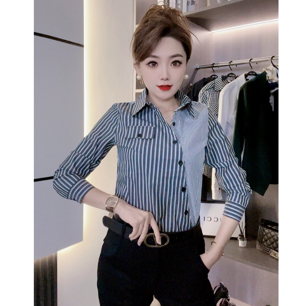 2024新款洋气百搭时尚网红显瘦气质条纹女装衬衫3339