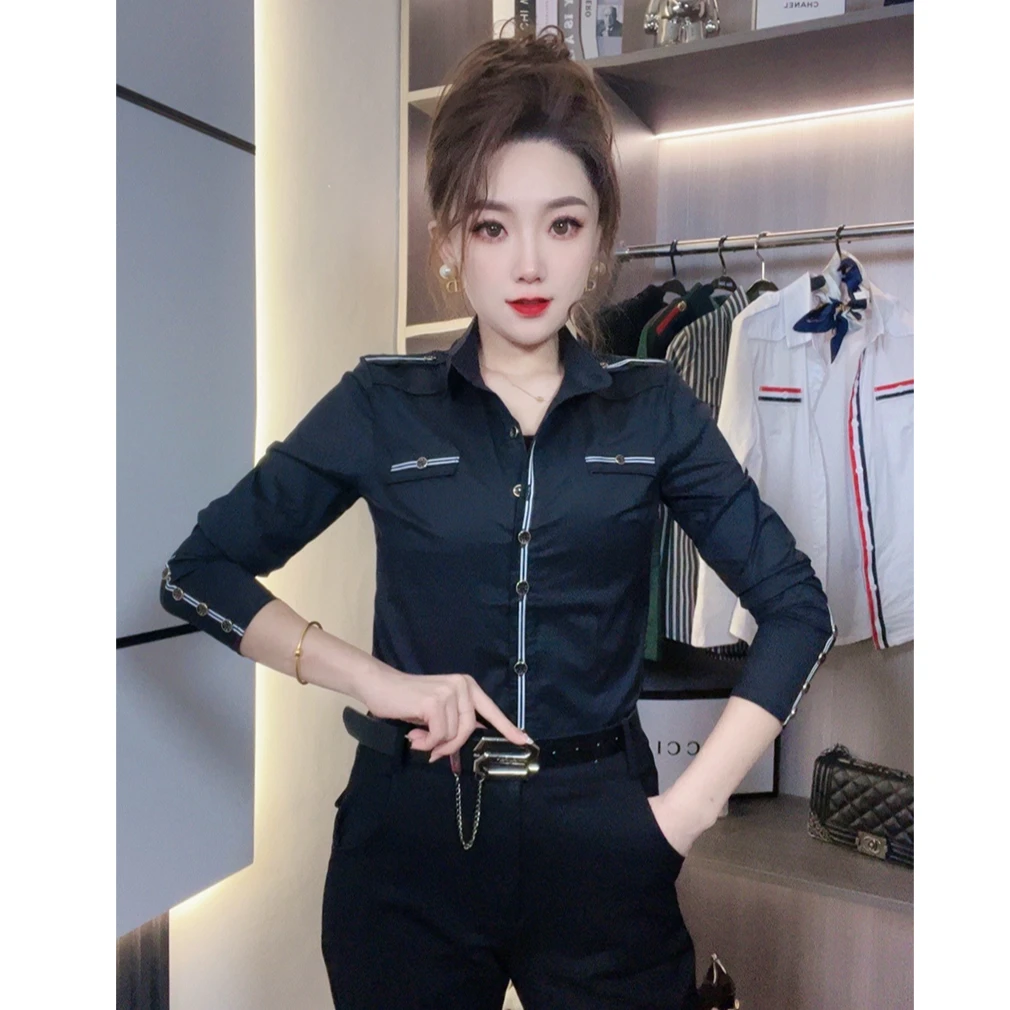 2024新款洋气百搭时尚网红显瘦气质黑色白色女装衬衫5004