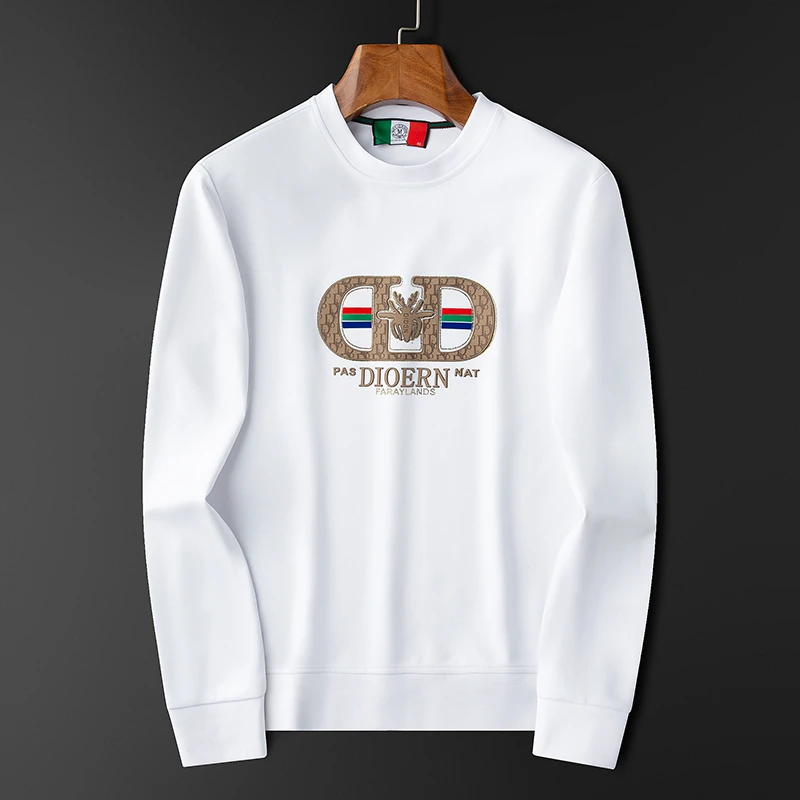 吉伦略索白色长袖t恤男圆领修身刺绣烫钻高端秋季薄款卫衣男士