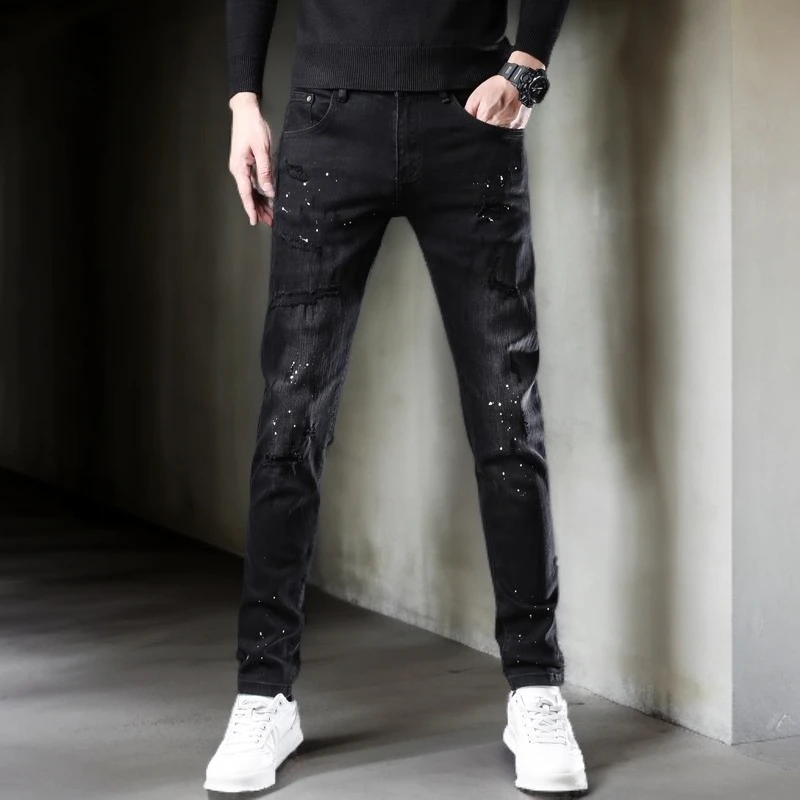 吉伦略索男装黑色欧版百搭破洞牛仔裤重工水洗修身小脚弹力长裤