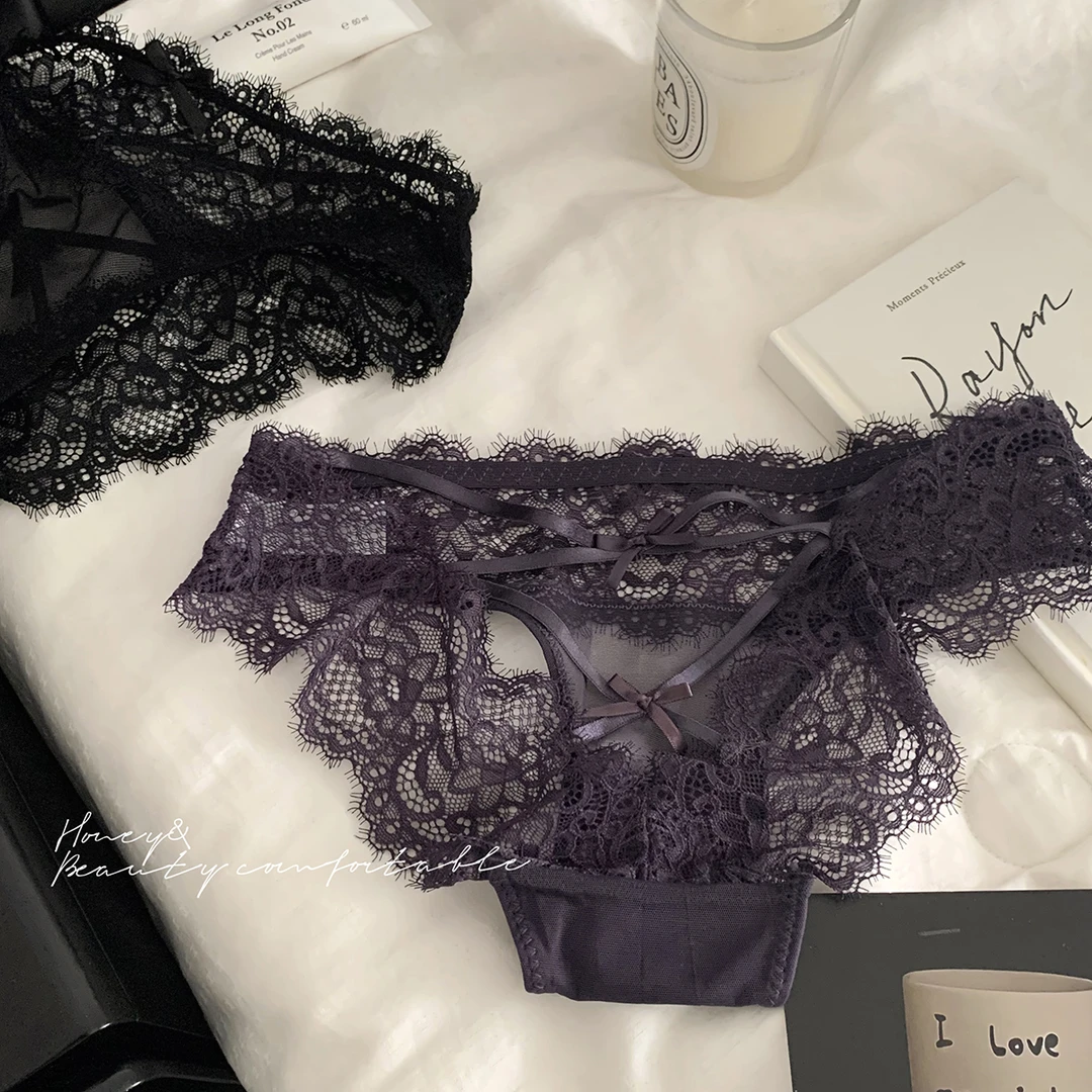 『Black』交叉蜜桃臀 法式性感蕾丝夏季低腰镂空蝴蝶结少女内裤诱惑