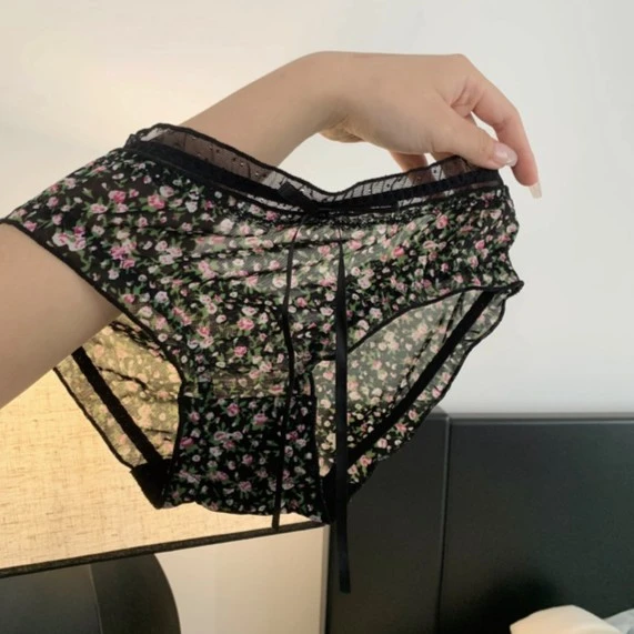 『Black』黑碎花日系甜美雪纺少女蝴蝶结舒适透气时尚学生低腰内裤