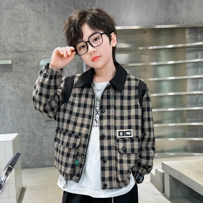 象小爸【男童格子拼接外套】25新春装中大童翻领休闲夹克童装上衣