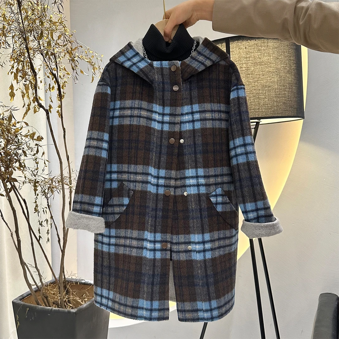 【羊驼毛高定款】象小爸童装2025秋冬新款男童格纹连帽双面呢子大衣