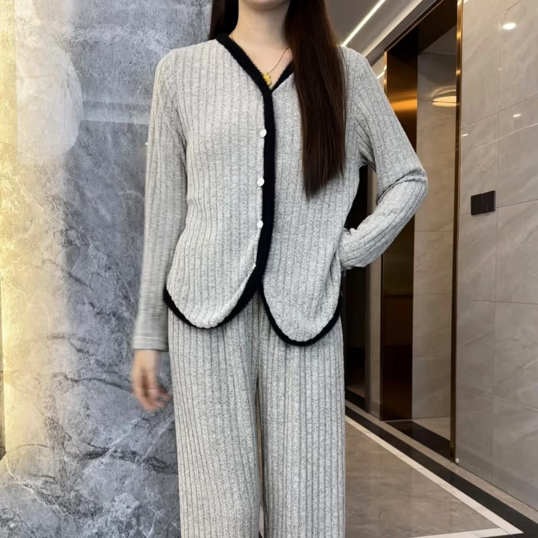 开衫V领带胸垫长袖长裤显瘦家居服套装时尚洋气