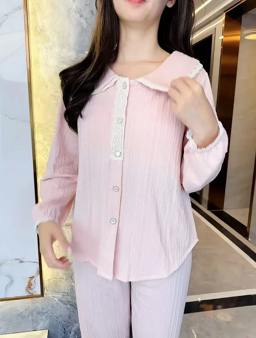 花边娃娃领带胸垫睡衣女长袖长裤家居服