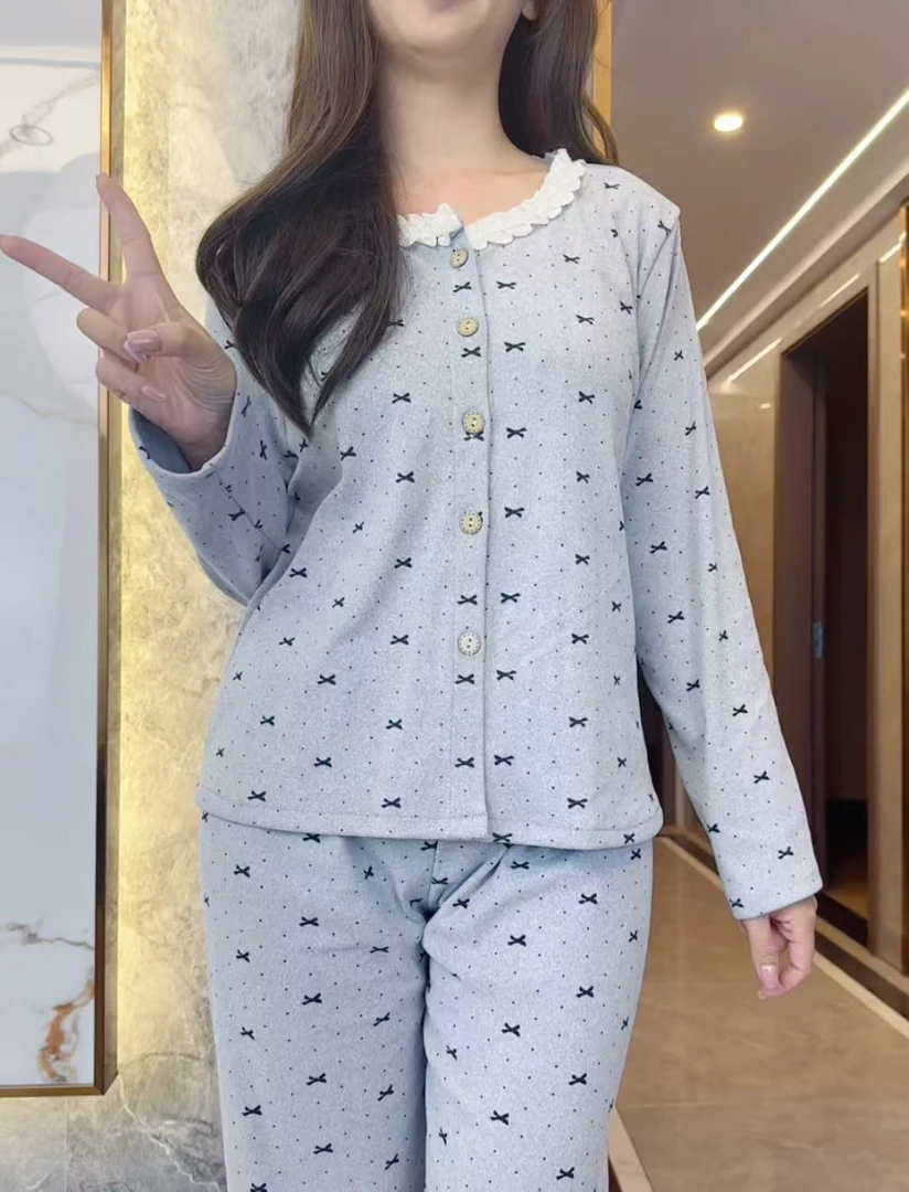 冬季双层保暖德绒睡衣长袖长裤家居服