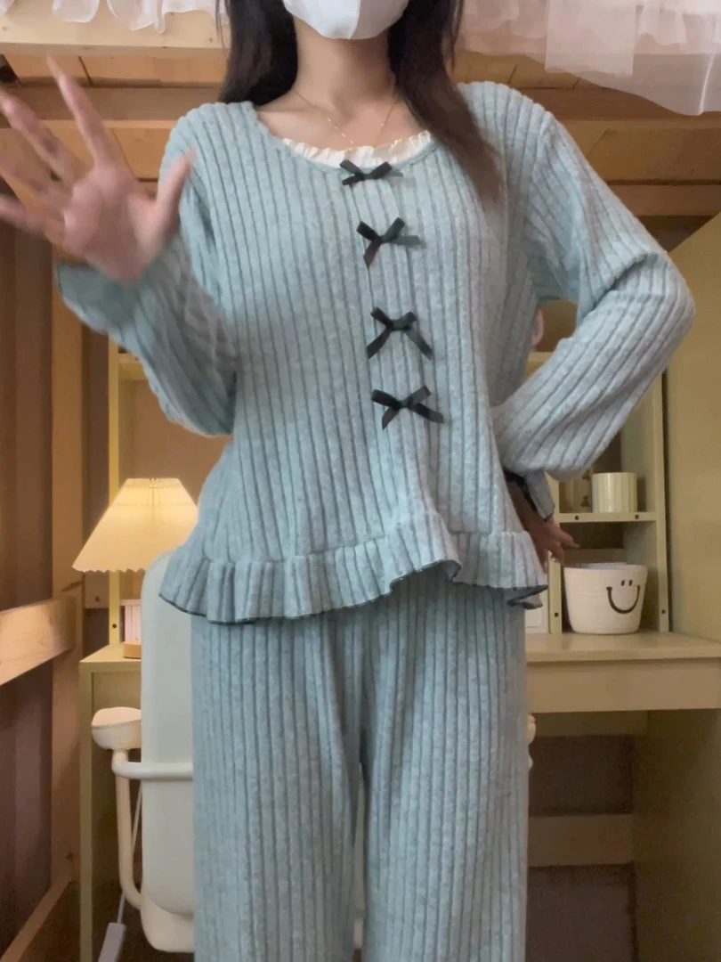 蝴蝶结圆领花边带胸垫长袖长裤家居服套装