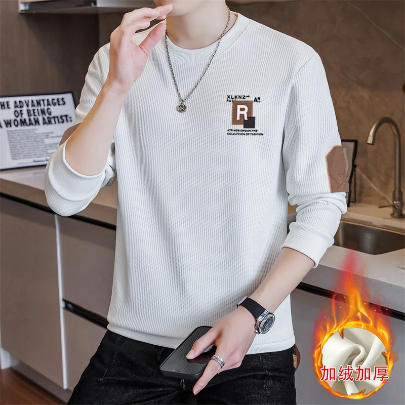 麦克斯男秋冬刺绣拼色加绒卫衣简约宽松时尚休闲百搭圆领上衣6107