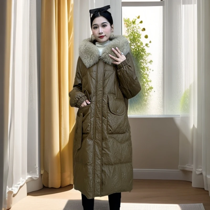 2024冬季中长款收腰保暖羽绒服长款狐狸毛领女款过膝皮羽绒服女