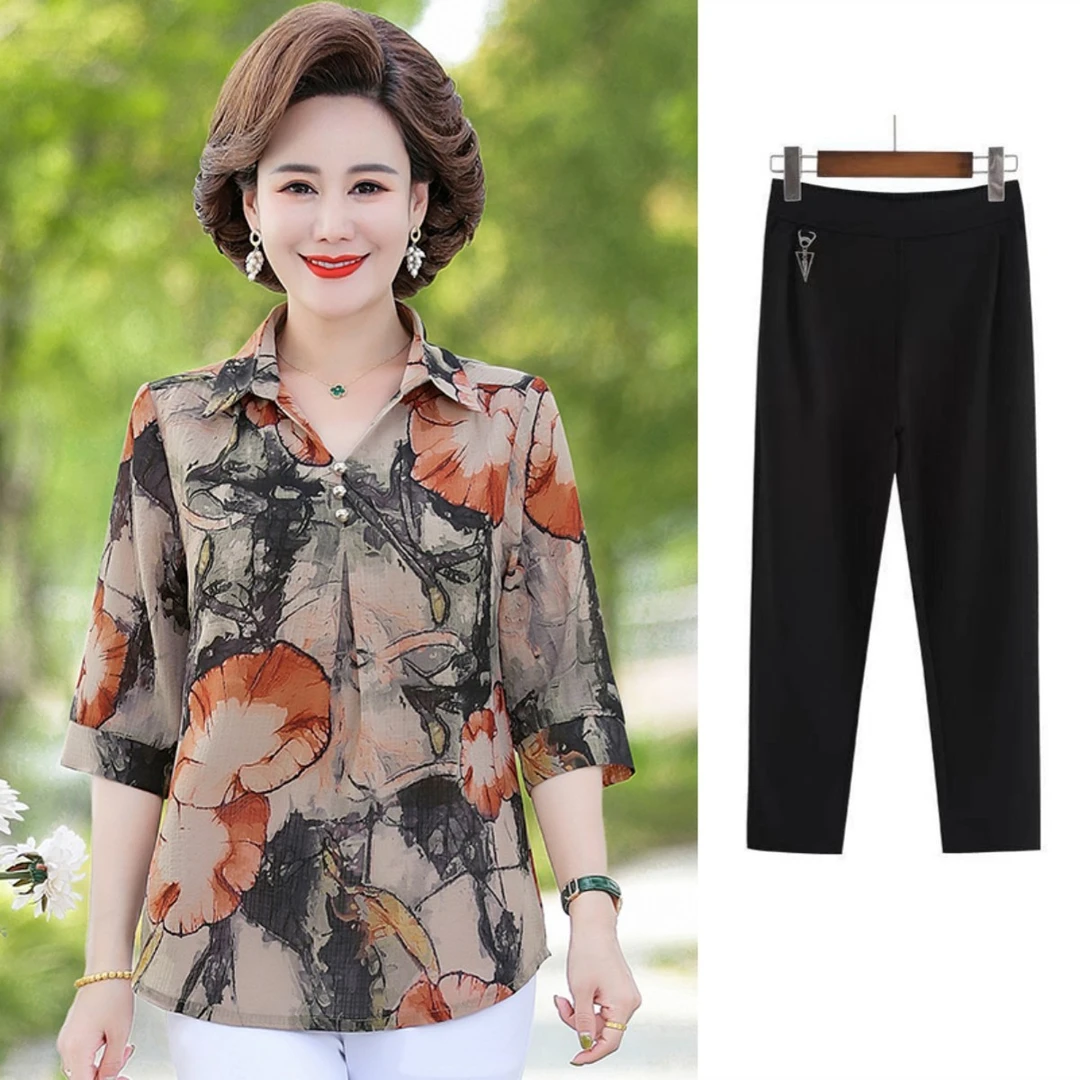 2025妈妈装夏季衬衫领T恤中老年女装七分袖洋气打底衫