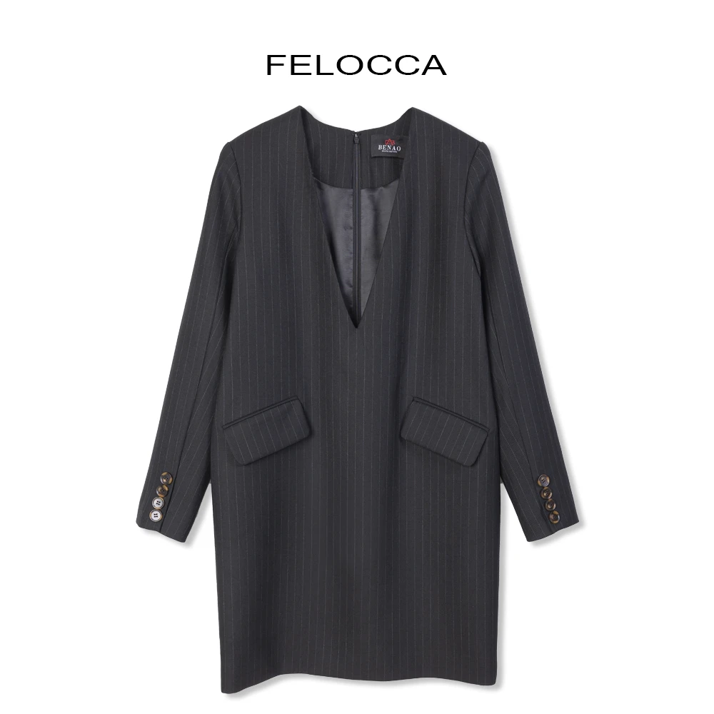 【FELOCCA】简约深V垫肩西装裙连衣裙 CC2414