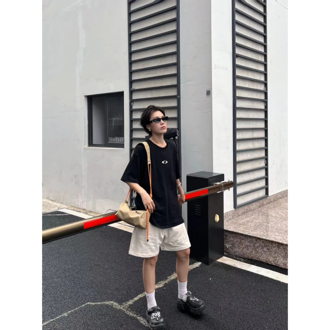 圆领中长款印花耐磨几何短袖T恤ins运动黑色夏季高腰宽松时尚