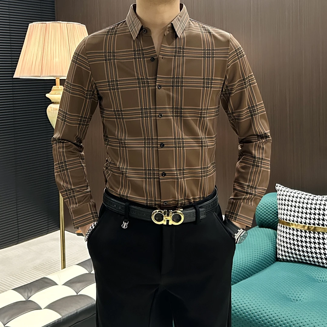 男士加绒加厚款格纹图案商务时尚休闲潮流简约百搭长袖衬衫