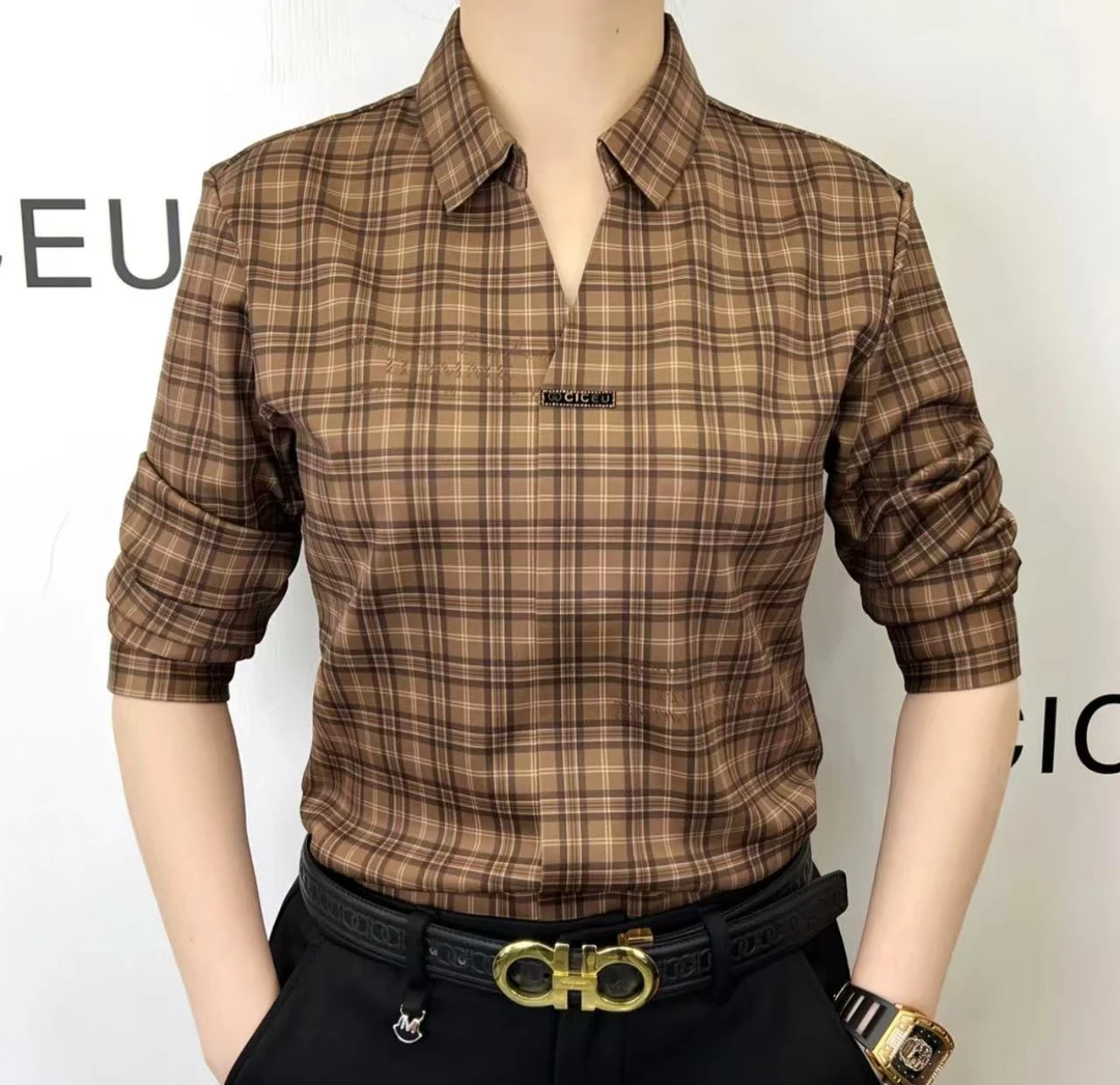 【CICEU男装】男士休闲百搭秋冬格子拼色V领显瘦加绒加厚长袖衬衫