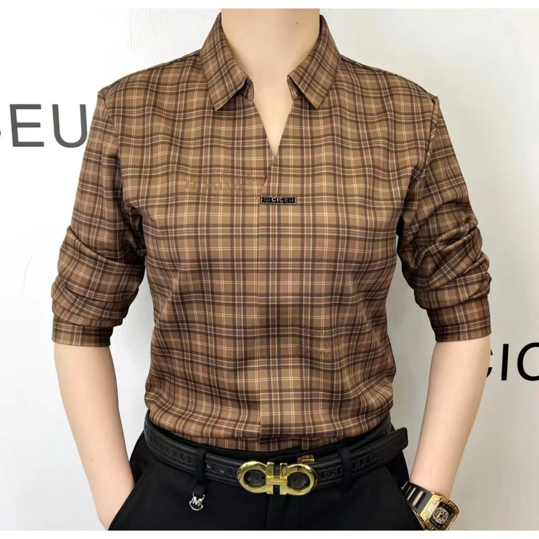 【娟娟男装】男士休闲百搭秋冬格子拼色V领显瘦加绒加厚长袖衬衫