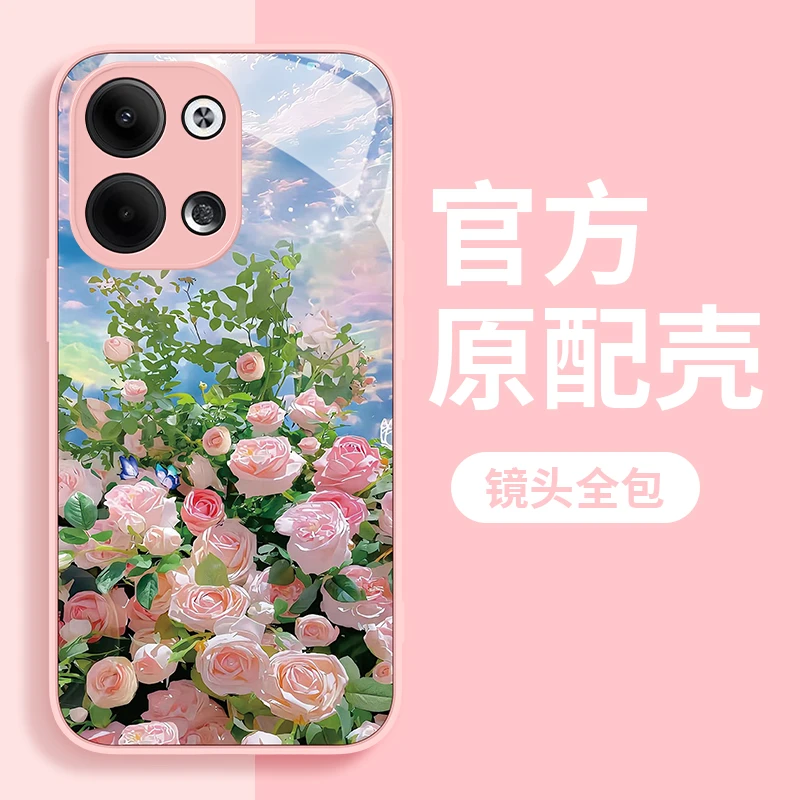 适用于OPPO Reno9粉色玫瑰花手机壳钢化玻璃全包硅胶防摔个性女款