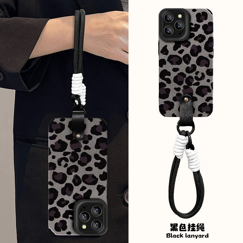 高级感豹纹手机壳适用于苹果16网红iPhone15女款13pro防摔挂绳新