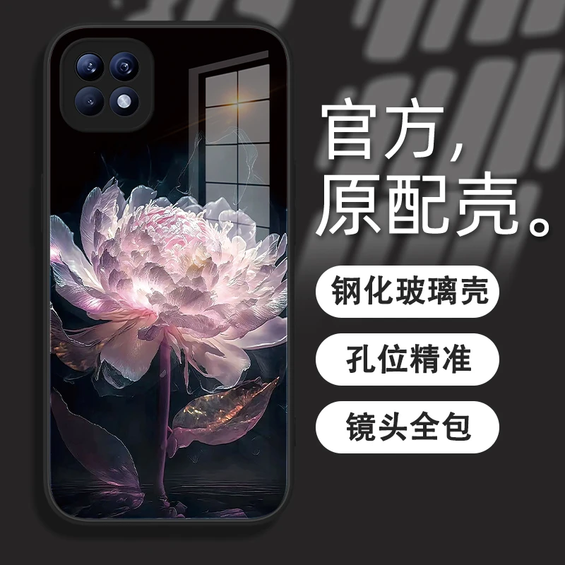适用于OPPO Reno4se昙花手机壳钢化玻璃壳简约创意全包防摔女款