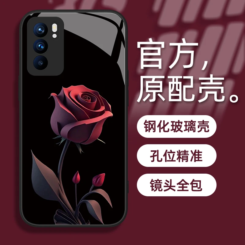 适用于OPPO Reno6Pro暗红玫瑰手机壳钢化玻璃简约全包防摔女款