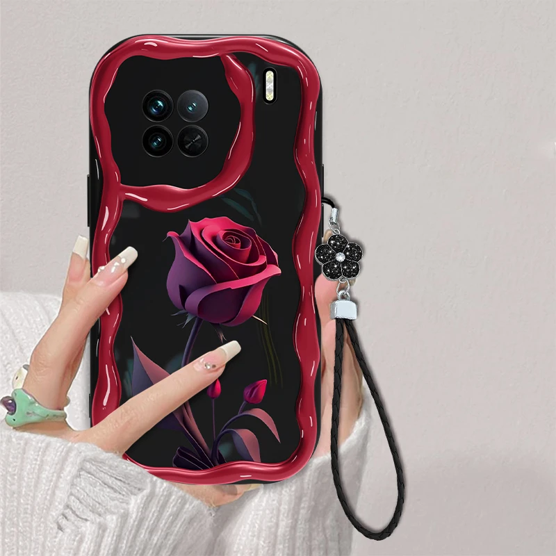 适用于vivo X90暗红玫瑰手机壳网红奶油创意全包硅胶女款防摔软壳