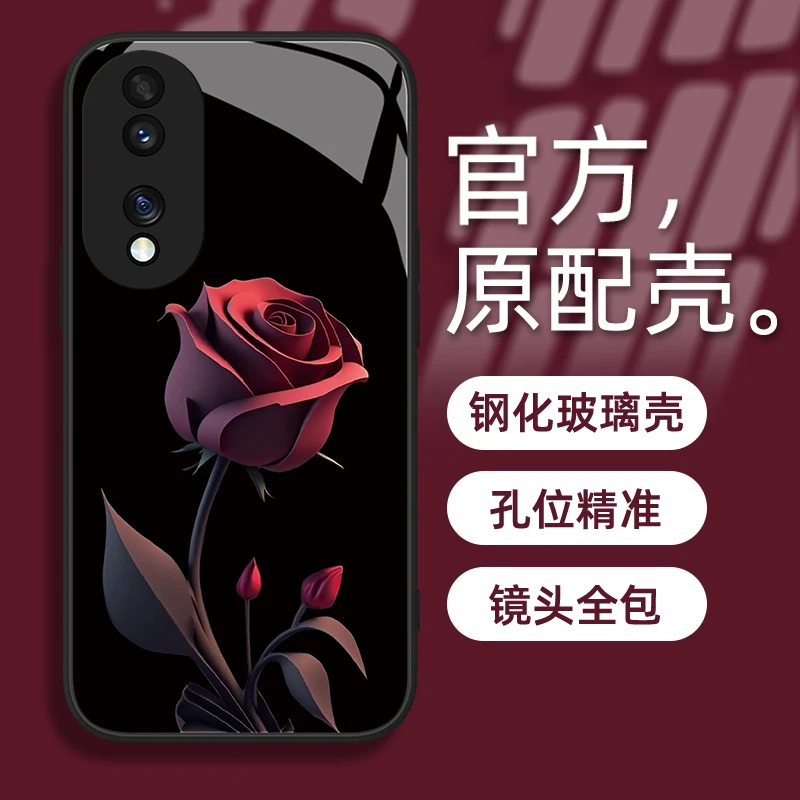 适用于华为荣耀80Pro暗红玫瑰全包防摔钢化玻璃女款简约手机壳