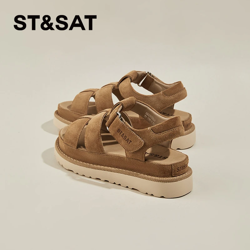 星期六反绒皮透气凉鞋女真皮松糕女鞋2025夏季新款厚底轻便猪笼鞋