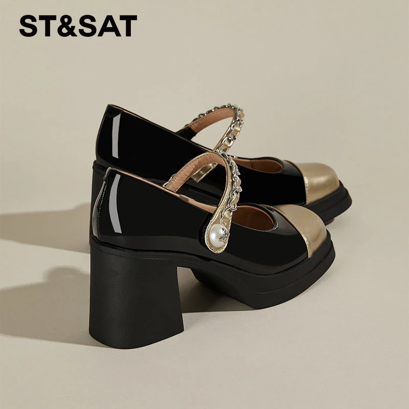 星期六羊皮方头小香风玛丽珍鞋女拼色高跟鞋2025新款黑色浅口单鞋