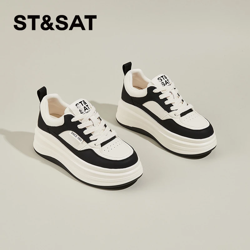 星期六真皮休闲板鞋女熊猫鞋2025秋季新款百搭增高6cm运动小白鞋