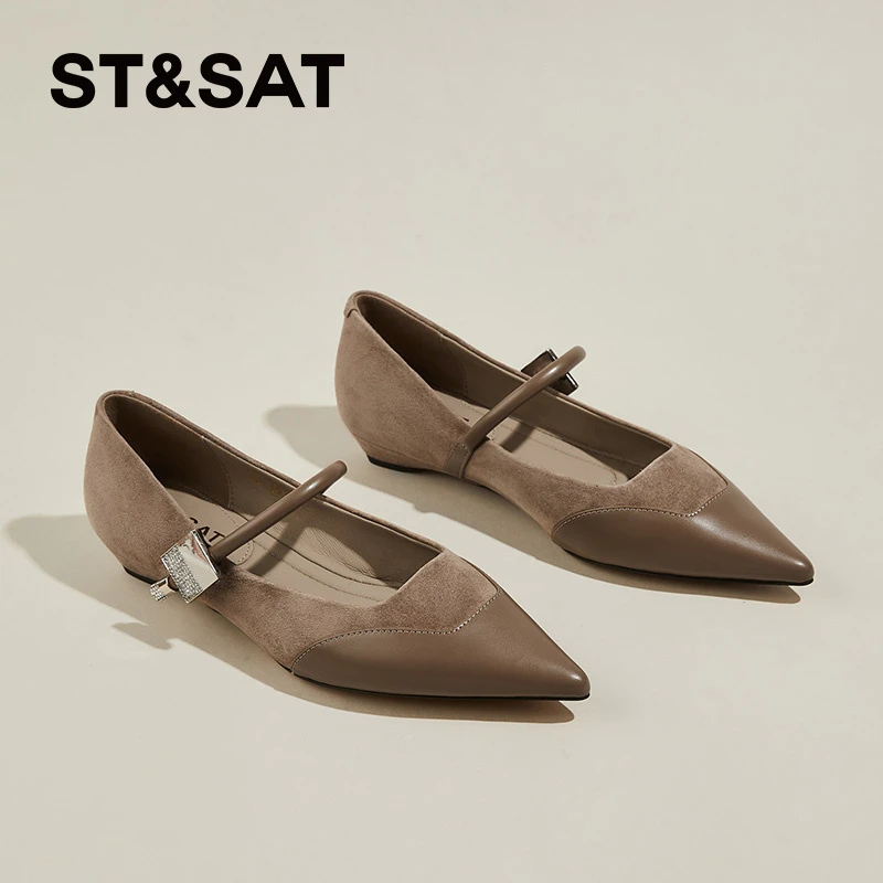 星期六平底尖头气质单鞋女2025秋季一字带真皮复古玛丽珍晚晚女鞋