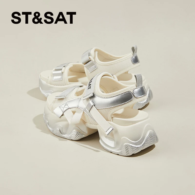 星期六银色老爹运动凉鞋女2025夏季外穿小个子厚底增高休闲沙滩鞋