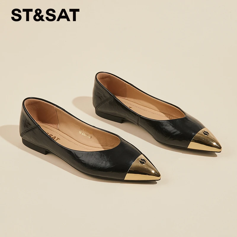 星期六平底法式气质黑金单鞋女2025秋季新款尖头小香风工作小皮鞋
