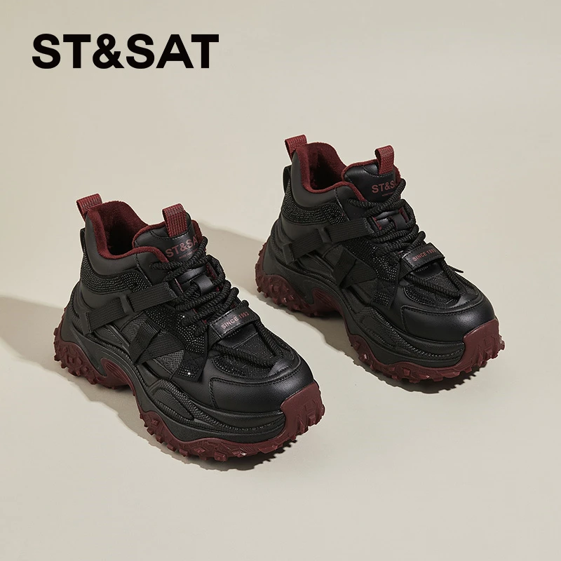 星期六黑色老爹鞋女2025秋季新款安可拉红运动鞋小个子厚底休闲鞋