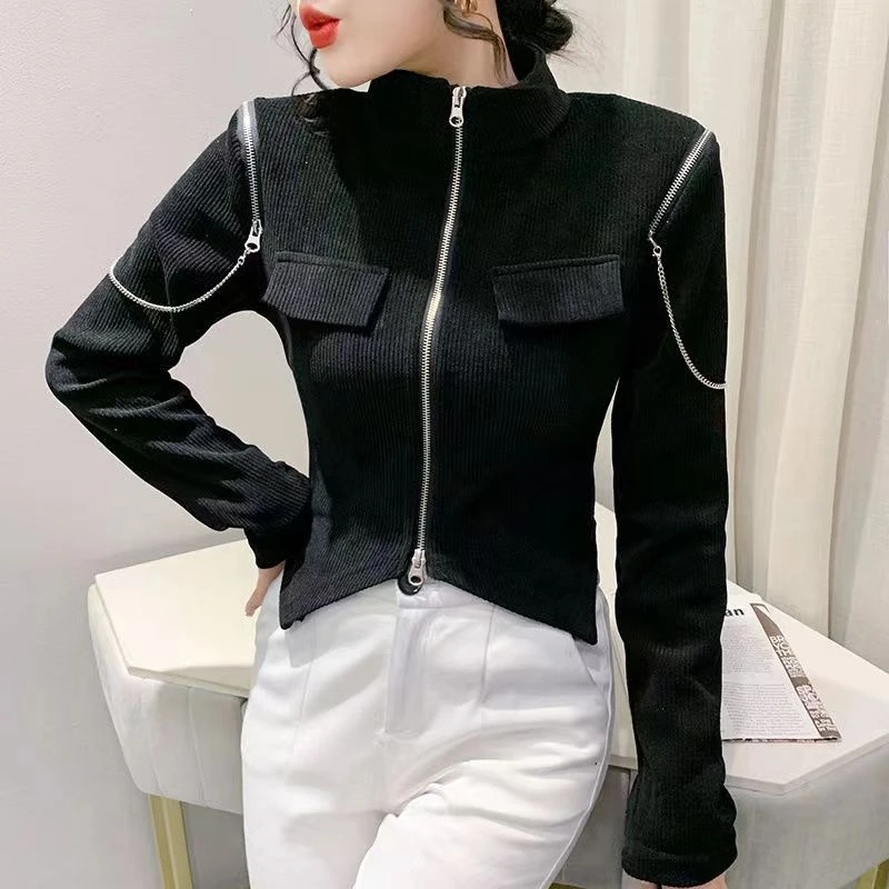 2024秋季新款设计感小众双头拉链不规则收腰显瘦短款上衣