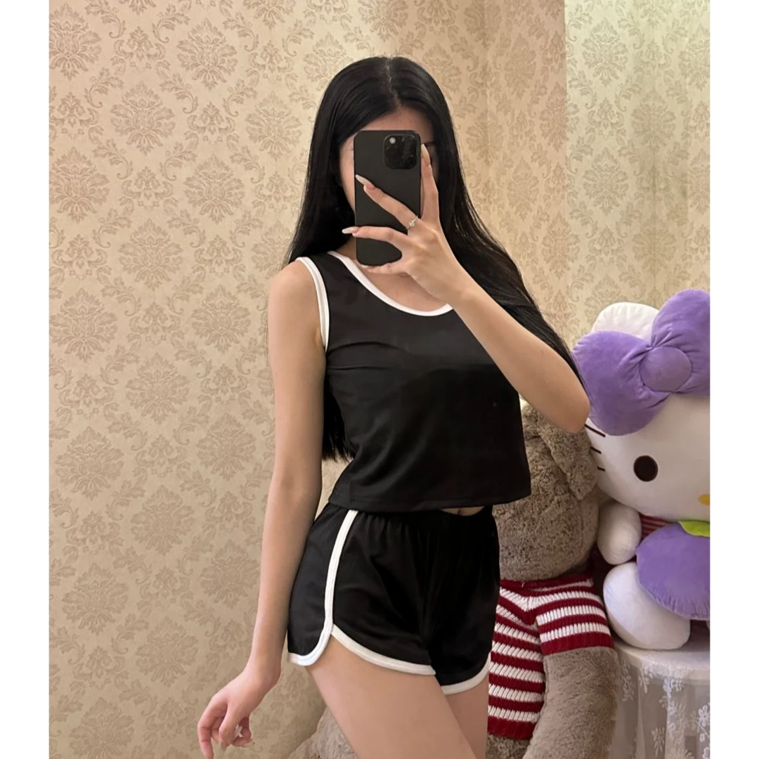 短裤健身新款休闲运动套装修身百搭辣妹性感夏季短款黑色网红运动