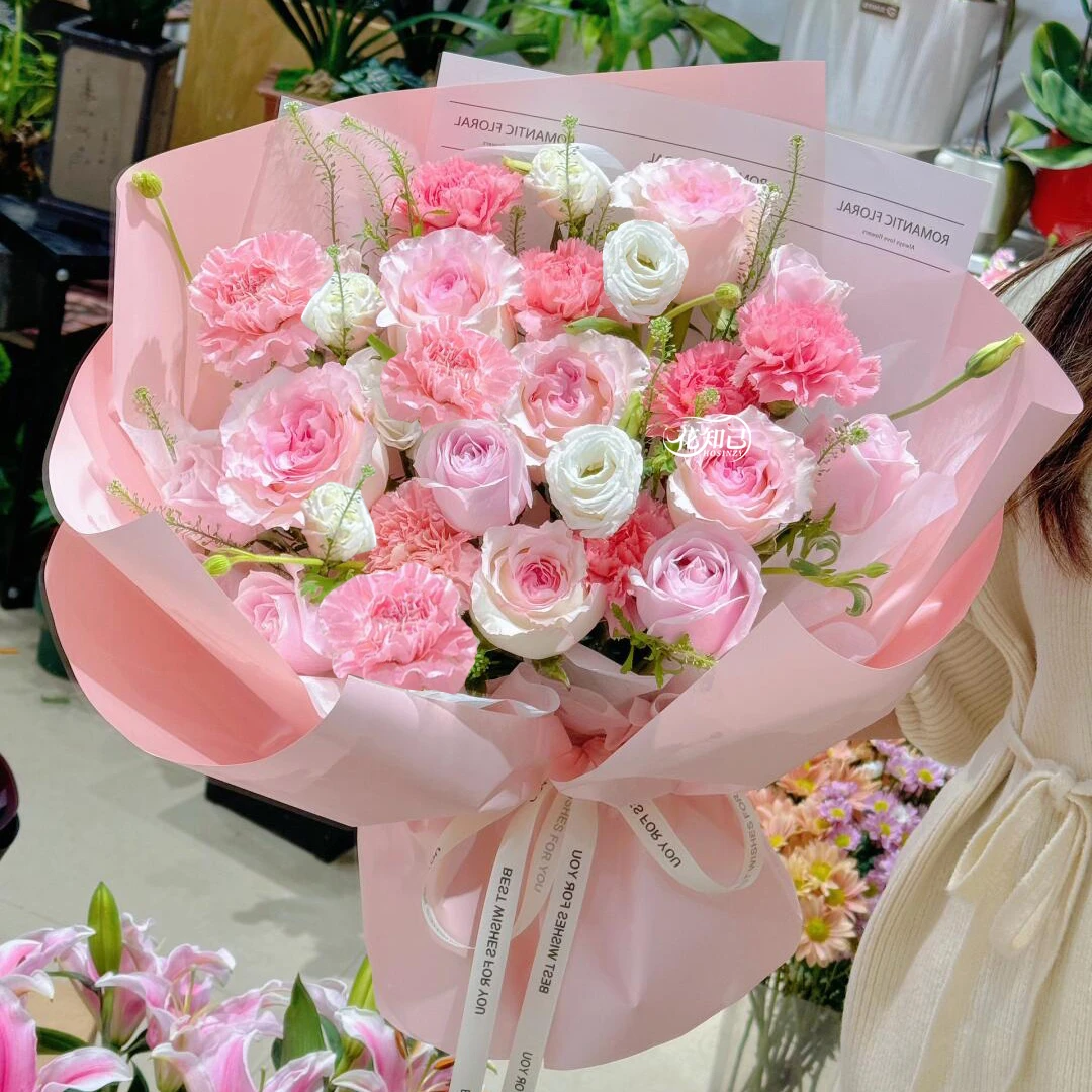 6朵洛神粉玫瑰6朵粉雪山粉玫瑰9枝粉康乃馨